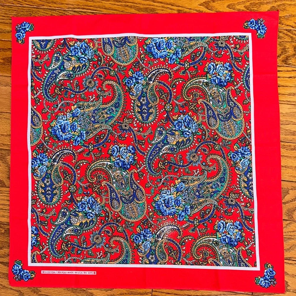 NWOT‎ Vtg 70s/80s Wamcraft Red & Blue Floral Paisley Cotton/Polyester Bandanna